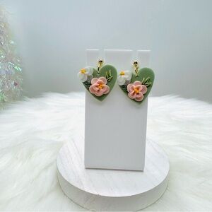 Green Floral Polymer Clay Drop Earrings